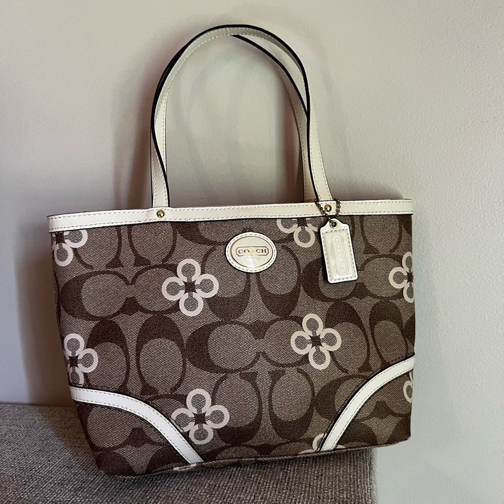 Coach Brown and White Signature Tote Bag